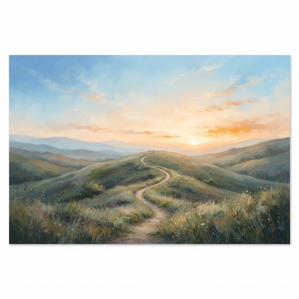 A winding path leads through soft rolling hills toward a warm sunrise sky.